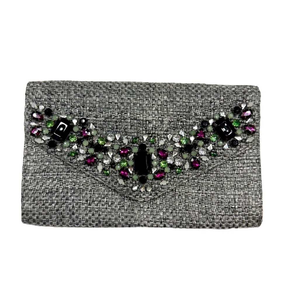 Grey woven with gemstone with silver chain clutch /shoulder bag / crossbody